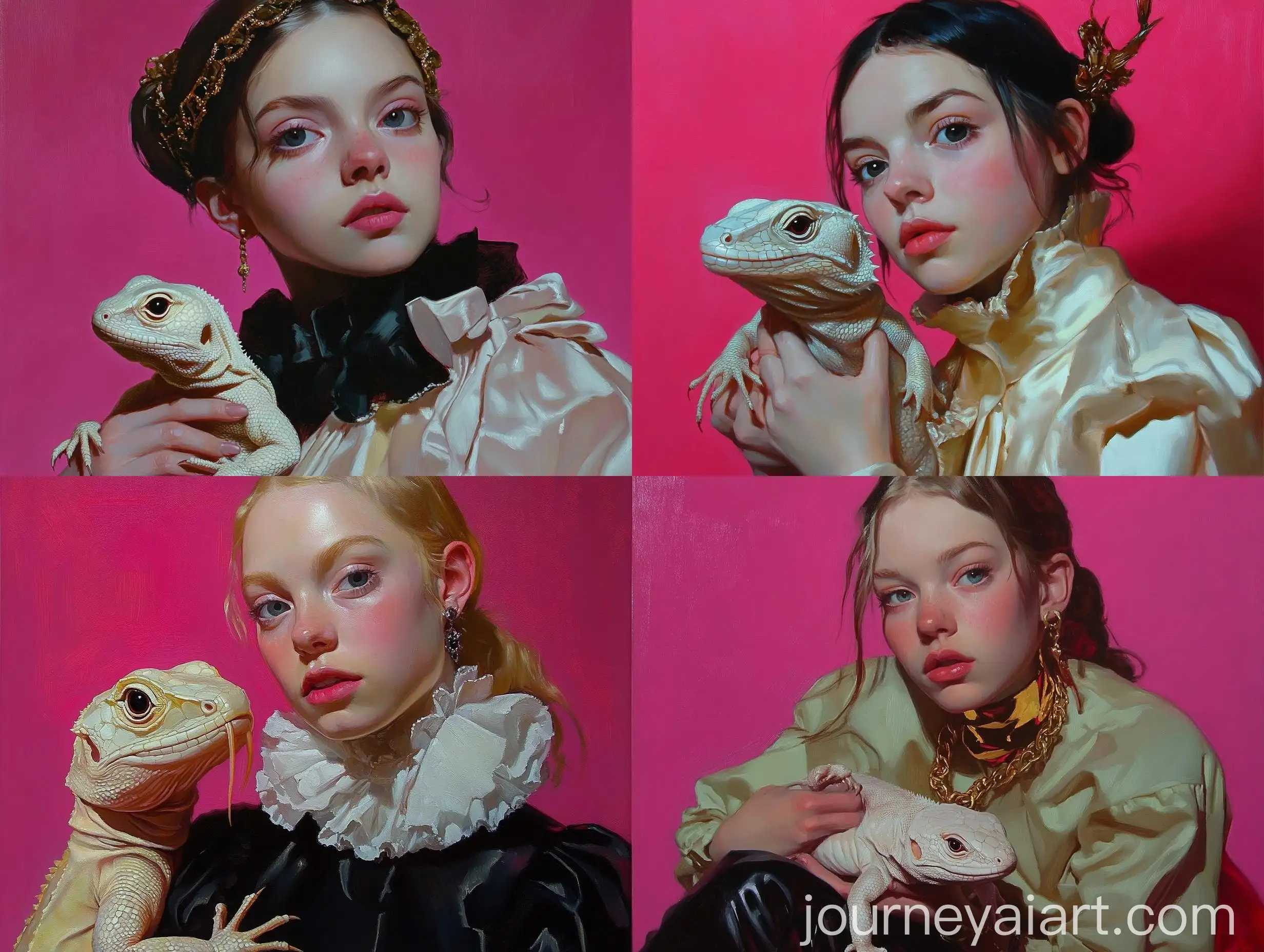 Woman-Posing-with-Bright-White-Lizard-in-Oil-Painting