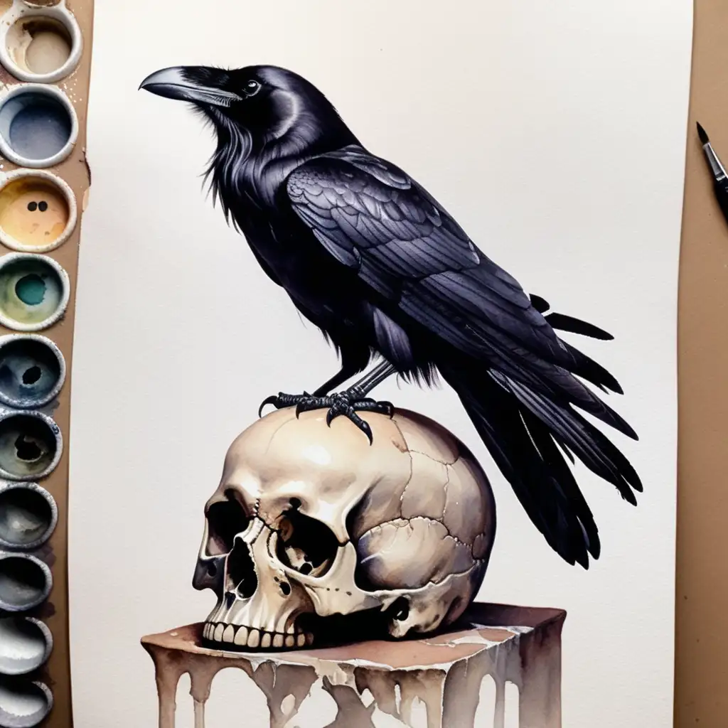 Dark Aesthetic Watercolor Black Raven Perched on Human Skull