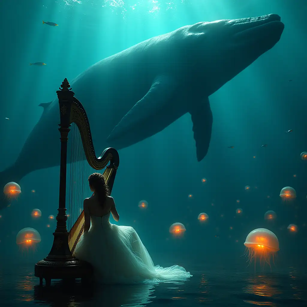 A woman in a diaphanous gown sits at a grand, ornate harp, her back to the viewer. The harp is situated on a platform in a vast underwater scene. A colossal whale, its form rendered with tenebristic skill, dominates the background, its immense size emphasized by the schools of fish swirling around it. Bioluminescent jellyfish pulsate with an ethereal glow, casting dappled light on the scene. Use a rich, moody color palette with cyan and cerulean tones, echoing the oceanic depths.  The image should evoke a sense of awe and tranquility, capturing the symbiotic relationship between human artistry and the natural world.  The harp strings should appear to vibrate subtly, implying the presence of music only partially heard.  Emphasize the interplay of light and shadow, using chiaroscuro to heighten the drama and mystery of the underwater setting. The woman's hair, styled in an elaborate updo, should cascade down her back like flowing water, further blending her with the aquatic environment. Include the text 'by WLOP.'  Symbolist chiaroscuro, tenebrist, volumetric lighting, subtle halation, high-contrast, film grain, teal and orange color grading, high dynamic range, S-curve gamma