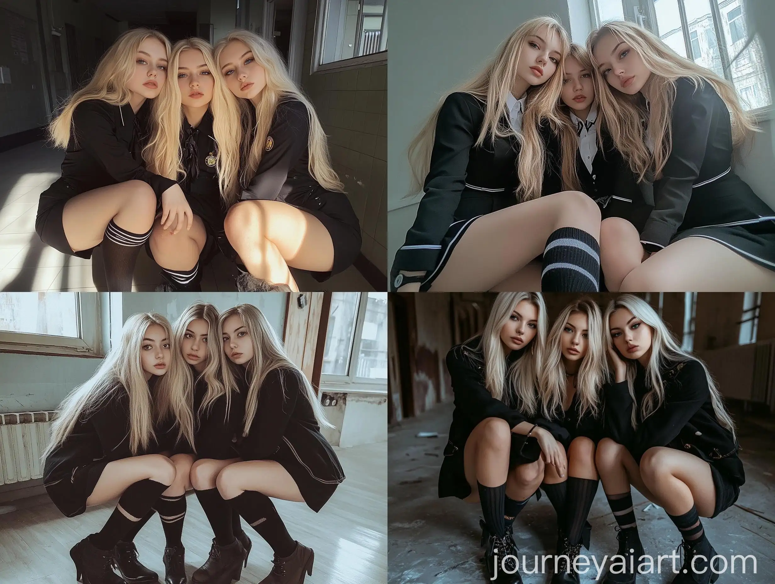 Three-Ukrainian-Women-in-Black-School-Uniforms-Taking-Natural-Selfies