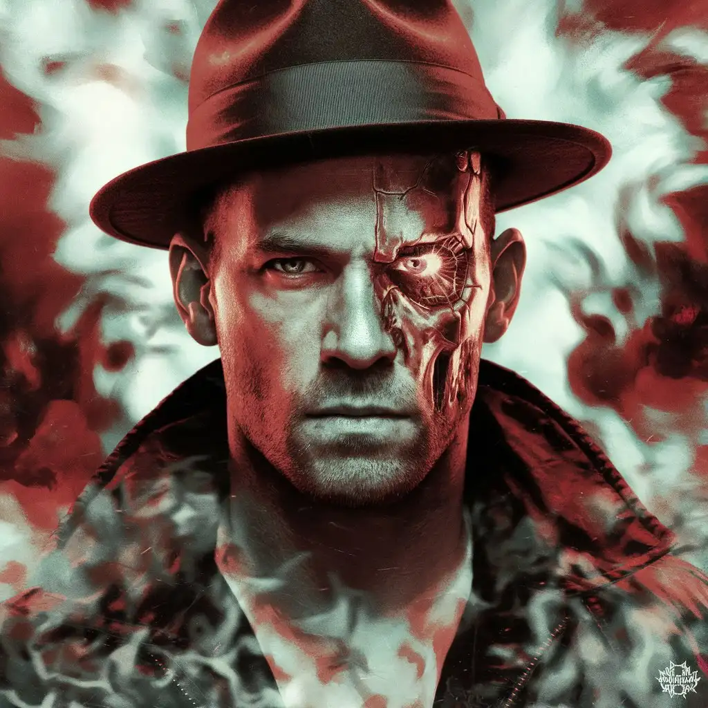 Portrait of Paul Walker in Terminator Style with Fedora and Lava Background