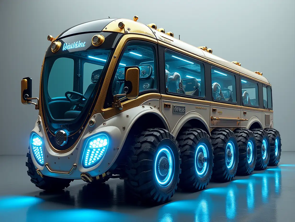 A super modern bus with 10 wheels and blue led headlights gold white black Steampunk