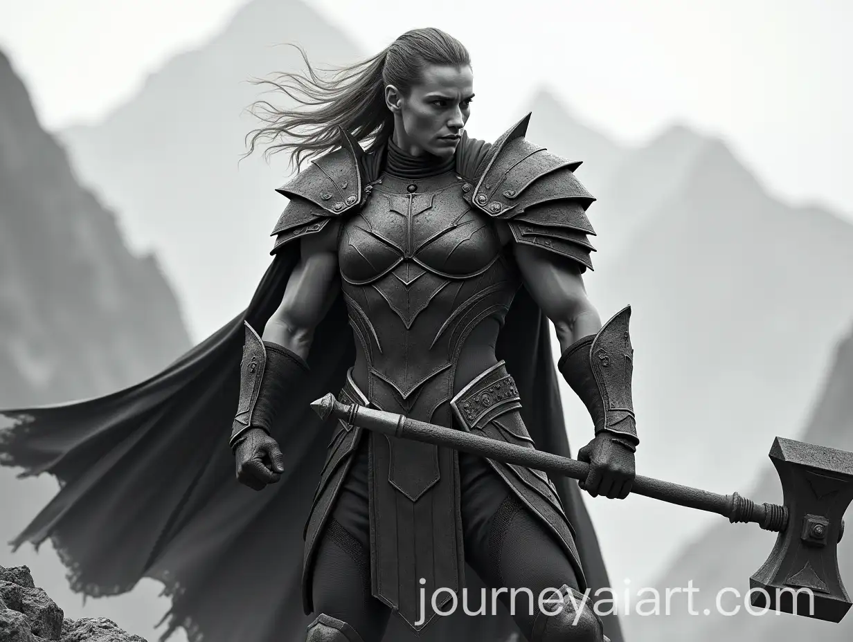 Dynamic-Black-and-White-Warrior-with-Heavy-Hammer-in-Mountainous-Setting