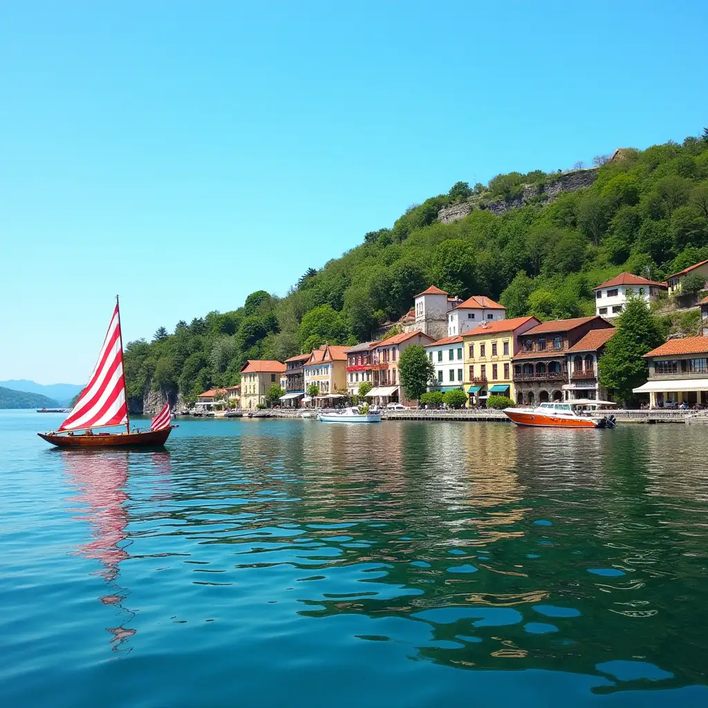 Serene-Lakeside-Town-with-Colorful-Facades-and-Boats