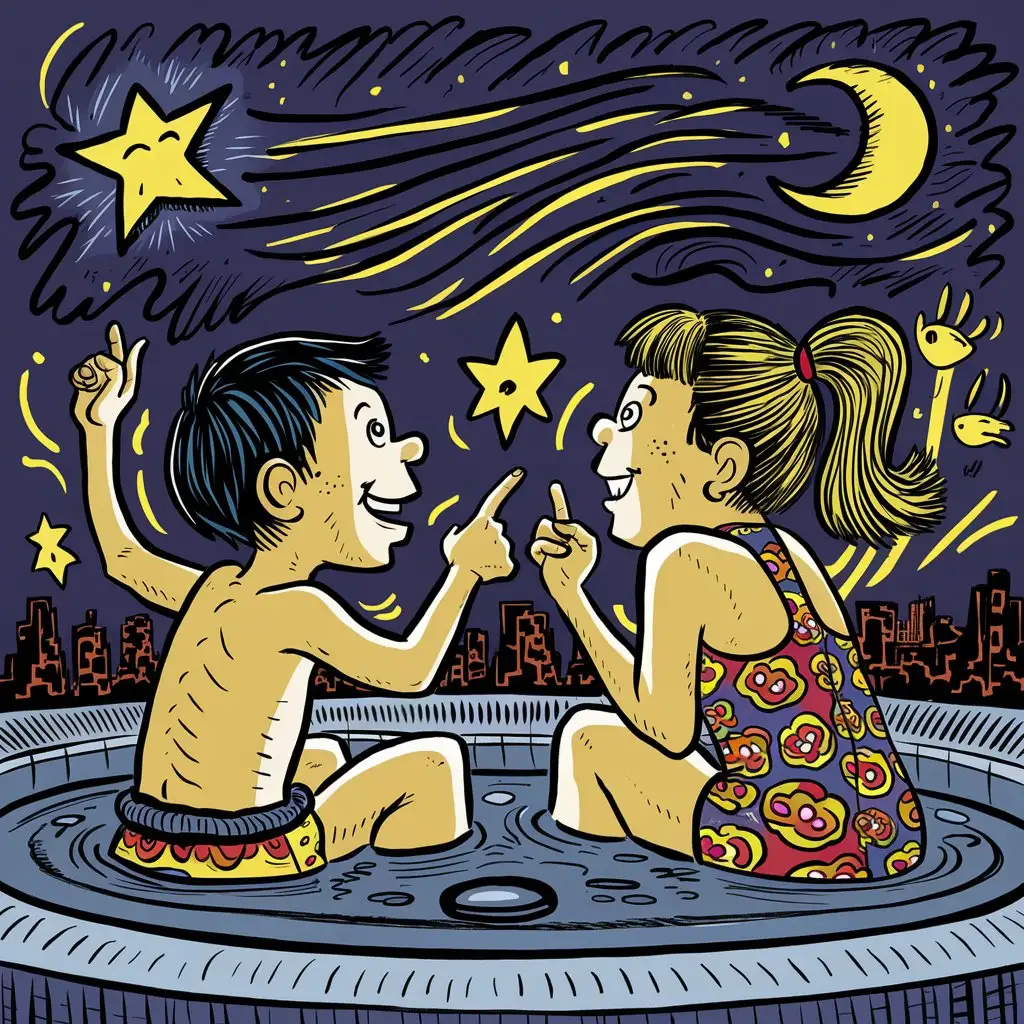 Children in Jacuzzi Watching Falling Star in Keith Haring Style Art