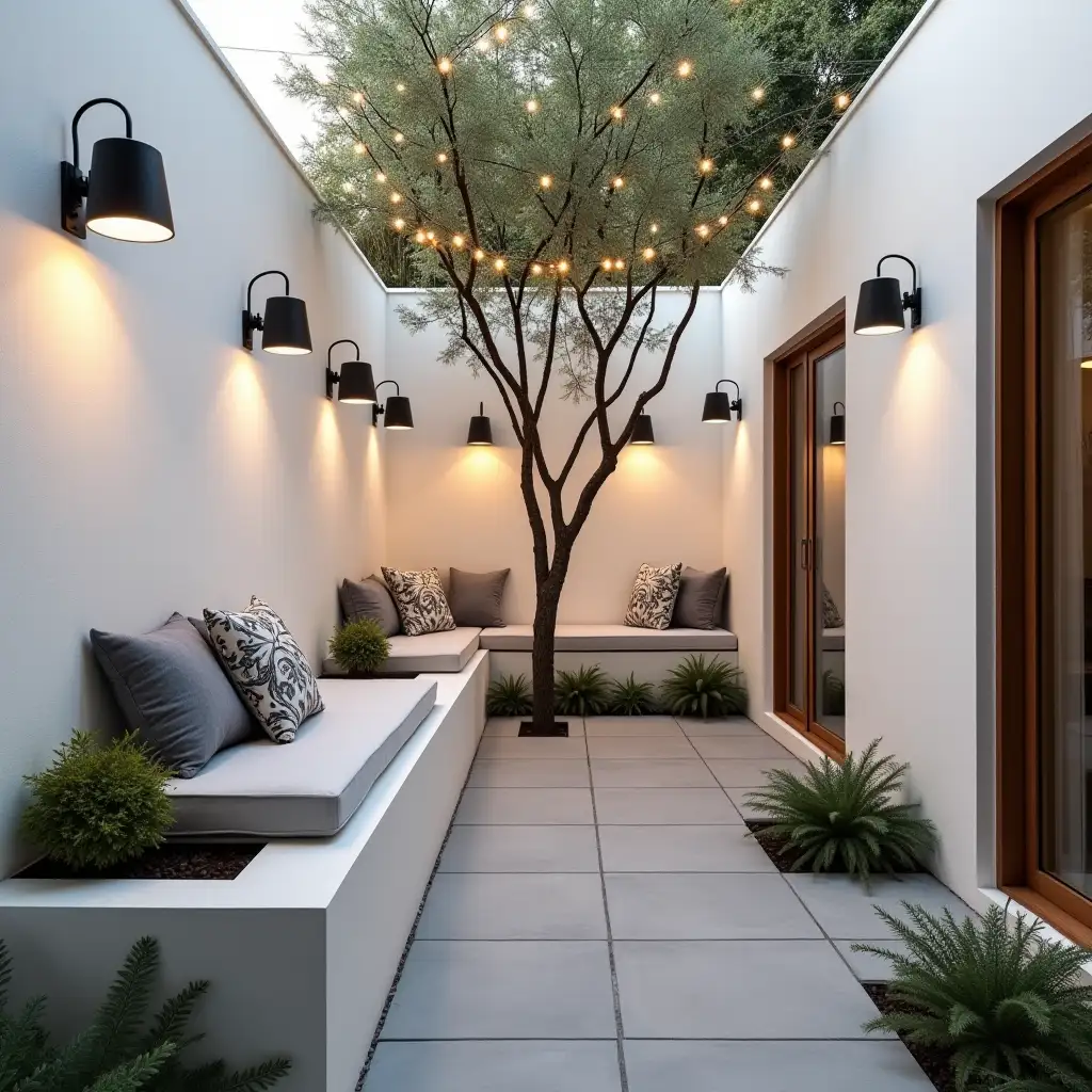 Modern-Minimalist-Patio-with-Symmetrical-Wall-Lights-and-Cozy-Natural-Touches