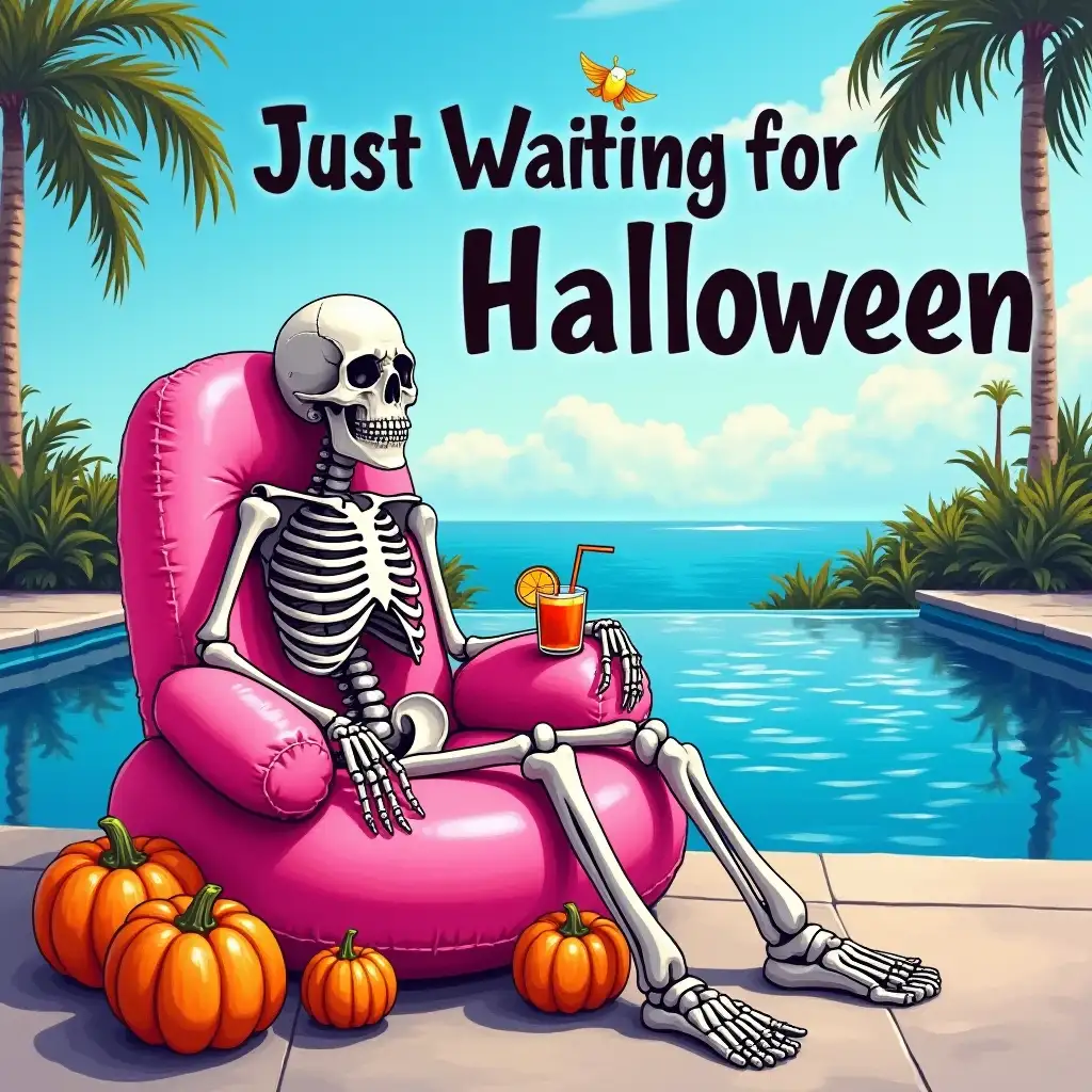 Vector. The text 'Just Waiting for Halloween' in the background. A skeleton lounging in a pink inflatable chair, surrounded by pumpkins and a cocktail. Background on a blue water swimming pool with beautiful sky. oil paint ink