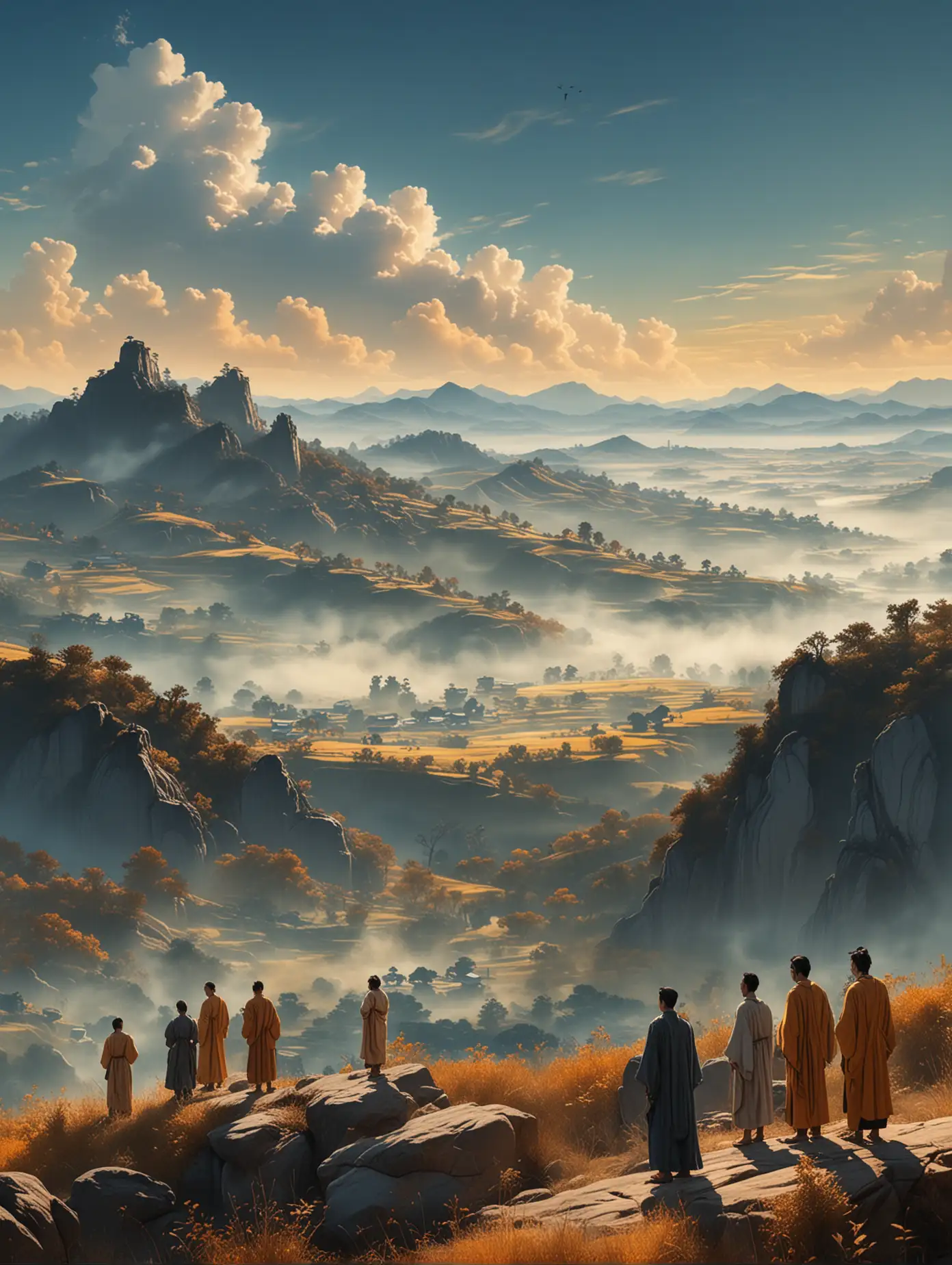 A serene, poetic ink landscape reminiscent of Chen Jialing's style, featuring Jesus standing on a hill, speaking to a group of followers. The scene is captured with a super wide lens, large depth of field, rich and vivid coloring. The background shows rolling hills and a clear blue sky blending with shades of orange and yellow, 8k resolution and composition.