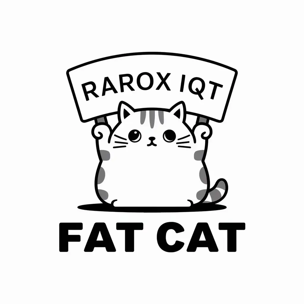 a vector logo design,with the text "fat cat", main symbol:a chubby cat, with big and tender eyes, holding up a sign with the message RaroX IQT,Moderate,clear background