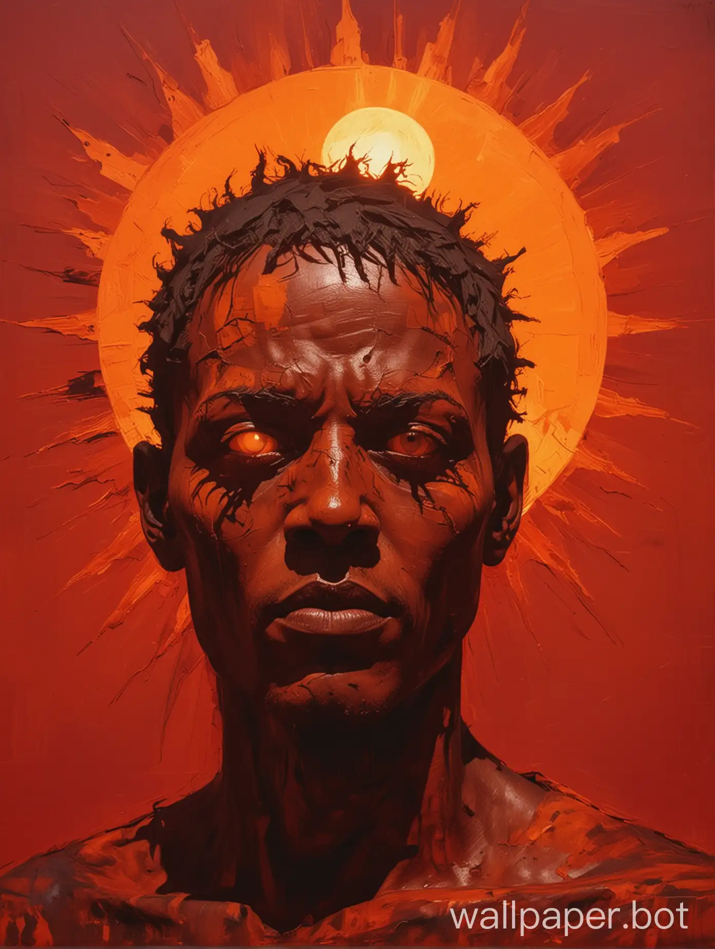 dark and mysterious, neo-expressionism, A dark-skinned male figure with a distorted, monstrous face silhouetted against a large, glowing orange sun on a deep red background