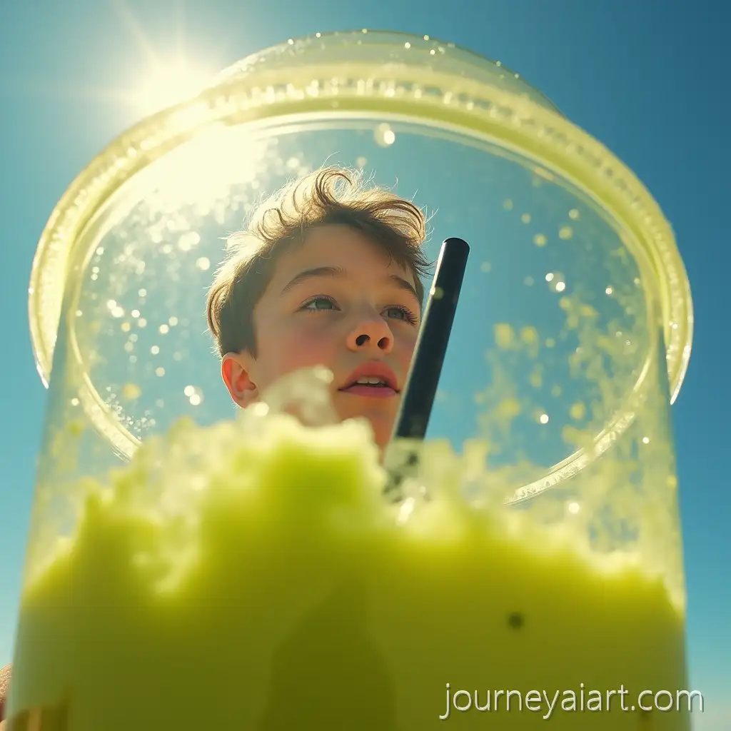 Boy-Drinking-Vibrant-Avocado-Slush-in-Summer-Sunlight-with-Playful-Surreal-Composition