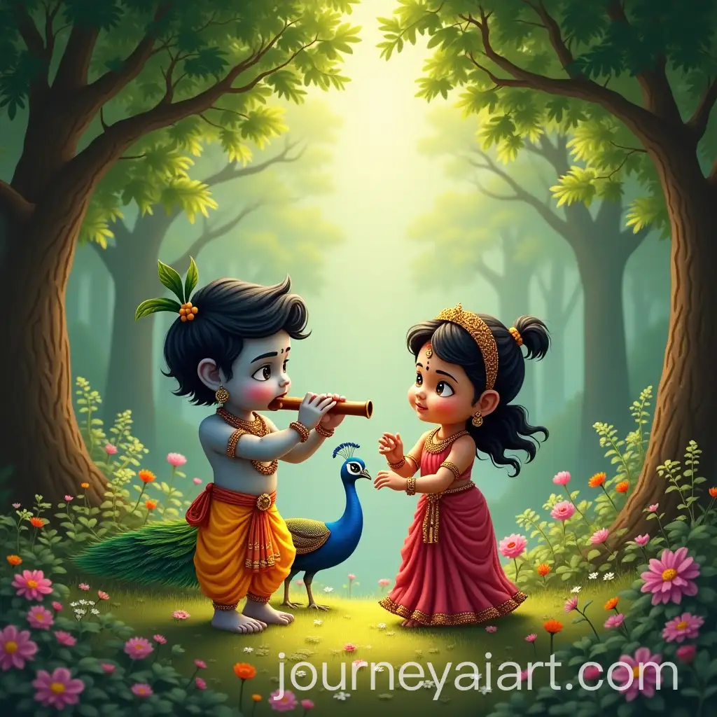 Little-Krishna-Playing-Flute-with-Radha-in-aAI-Image-Prompt-Expansion-Lush-Green-Forest-with-Blooming-Flowers-and-a-Peacock