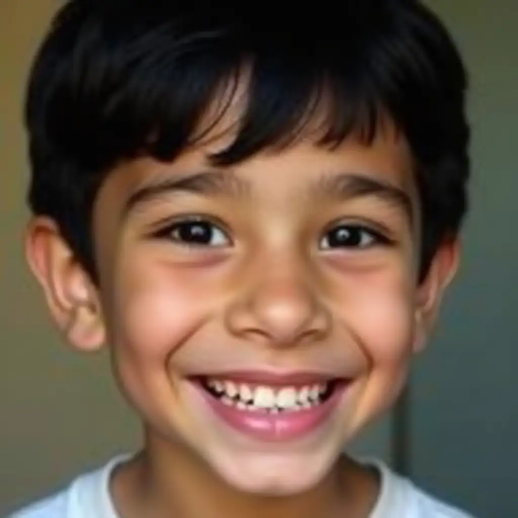 Face of a 10 year old boy smiling, black hair black eyes, fair skin white teeth