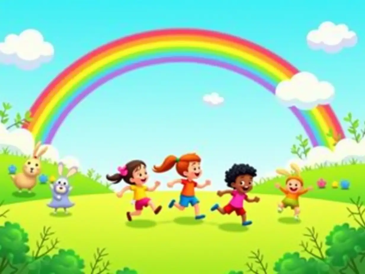 A vibrant and cheerful animated scene for a kids' song about rainbows. The setting includes a colorful cartoon world with a bright rainbow stretching across the sky, smiling children running through green fields, fluffy white clouds, and happy animals like bunnies and birds. The rainbow colors are personified as playful characters interacting with the kids. The overall vibe is joyful and playful, with vivid colors, smooth animation style, and a magical, fun atmosphere perfect for young children.