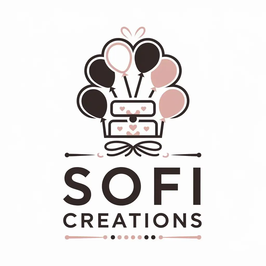 a vector logo design,with the text "Sofi Creations", main symbol:Balloons and cake,Moderate,be used in Bakery and decoration industry,clear background