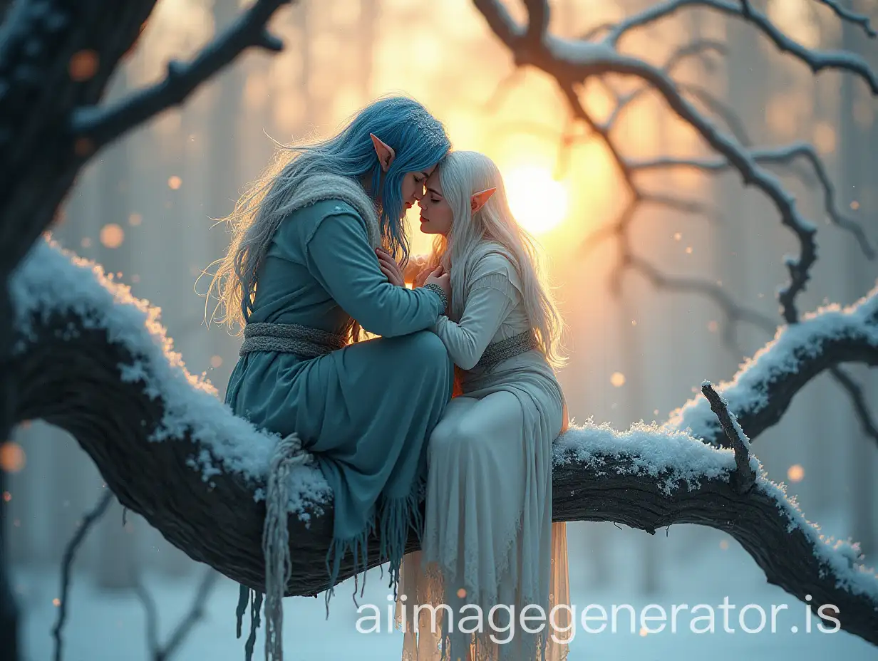 Winter-Fairy-Couple-Embracing-on-Maple-Tree-Branch