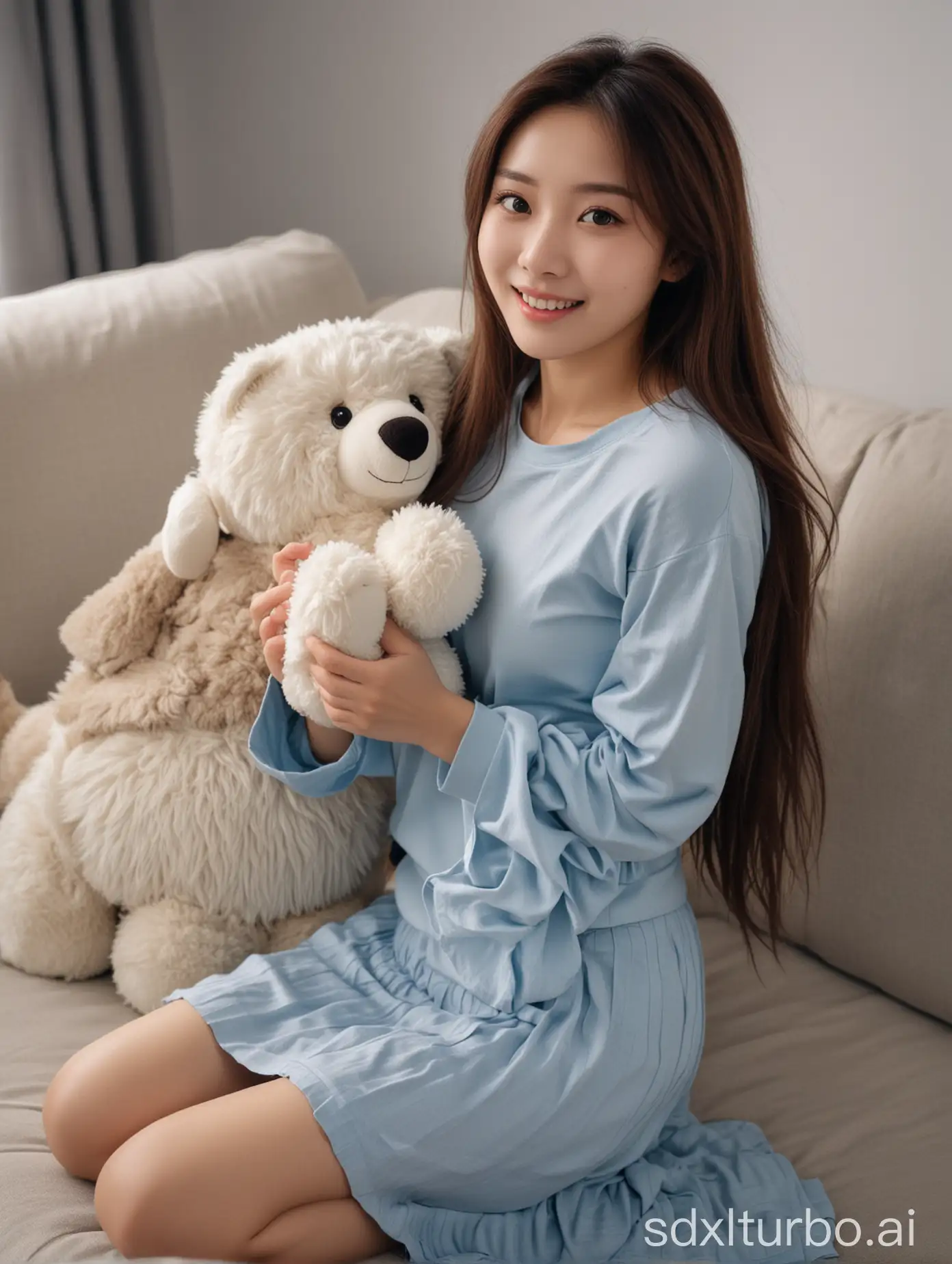 Chinese-Woman-with-Sweet-Smile-Hugging-Stuffed-Animal-on-Winter-Night-Sofa