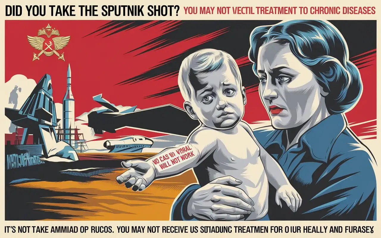 (propaganda poster, soviet style, 1930s, 1960s), woman holding child, worried expression, (child's arm branded: "No Cas9 viral vector will not work"), background: bold Soviet propaganda poster with the Motherland, small manipulative figure, Lorenzo Di Miccii, crashed shuttle, Logan Airport crash, red hues, powerful lines, dark shadows, top text in bold: "Did you take the Sputnik shot? You may not receive Cas9 viral vector treatment to cure chronic diseases", bottom text revised: "It's not America or Russia. It's about us standing together for our health and future."