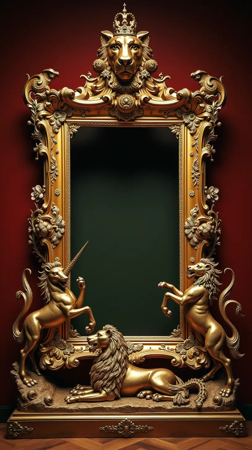 an ostentatious gilt frame fit for a king with unicorn, rampant lion and a recumbent dragon. be flamboyant and opulent . ensure the animals are part of the frame and don’t impinge on the display area 