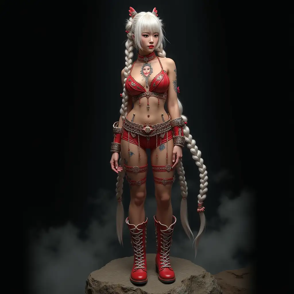 user_prompt: Hyperrealistic representation of a beautiful Asian woman with a smiling face tattoo, long white hair with red braided hair and laced boots, standing on a rock with intricately detailed, colorful and futuristic jewelry against a black blurred background 120mm shot