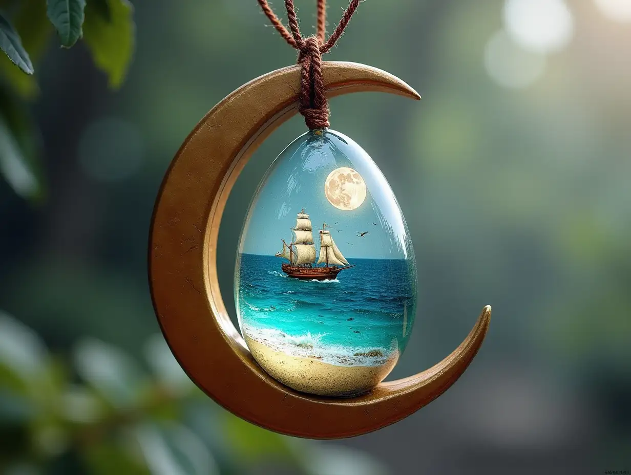 Create for me a glass egg pendant that hangs on a crescent moon with a beach with g waves and a sailing ship and a moon inside