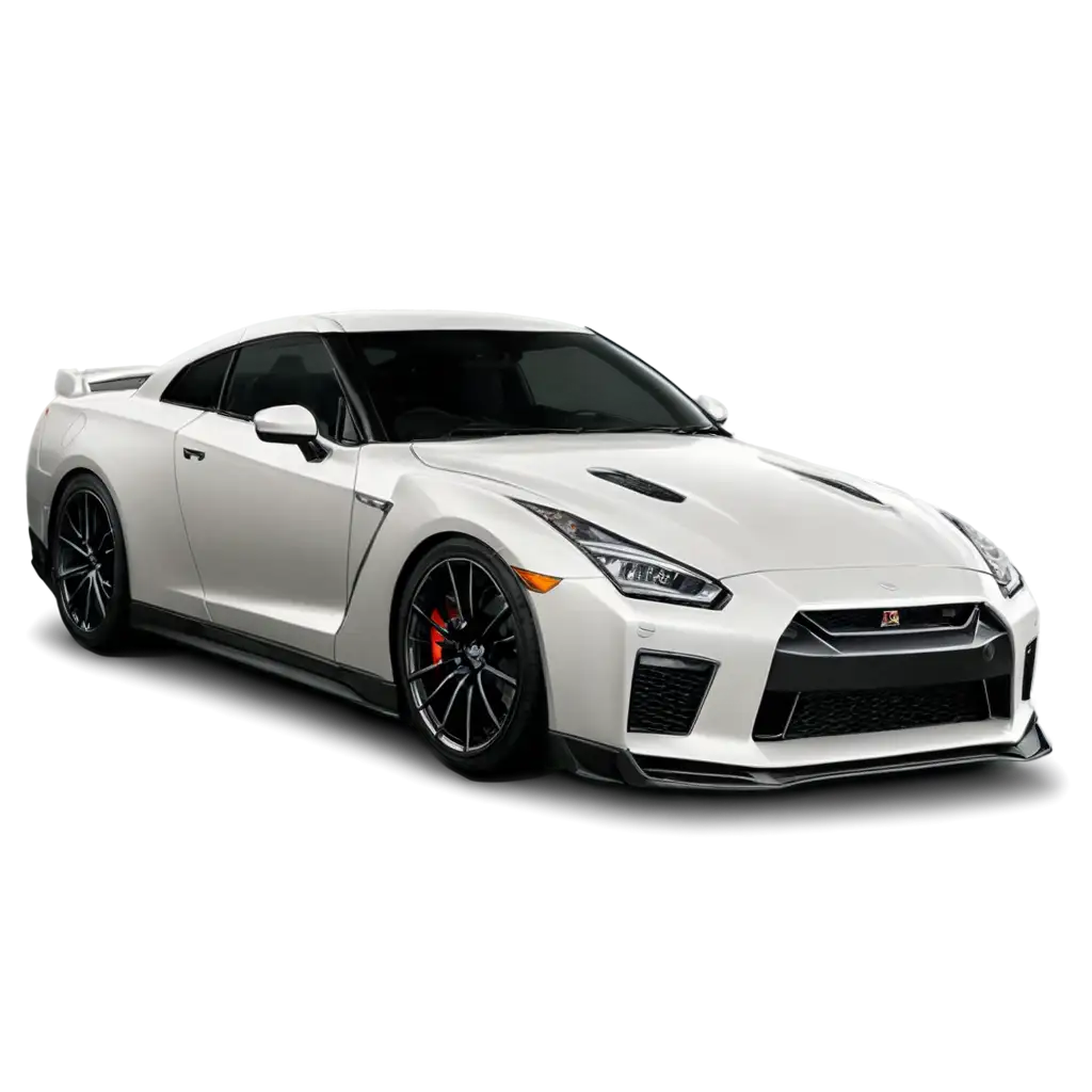 Generate a profile shot of a Nissan GT-R, white, that is, a photo taken from the front, capturing its face.