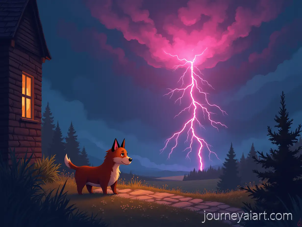 Childrens-Book-Illustration-of-Pink-Lightning-and-Ginger-Dog-During-Thunderstorm