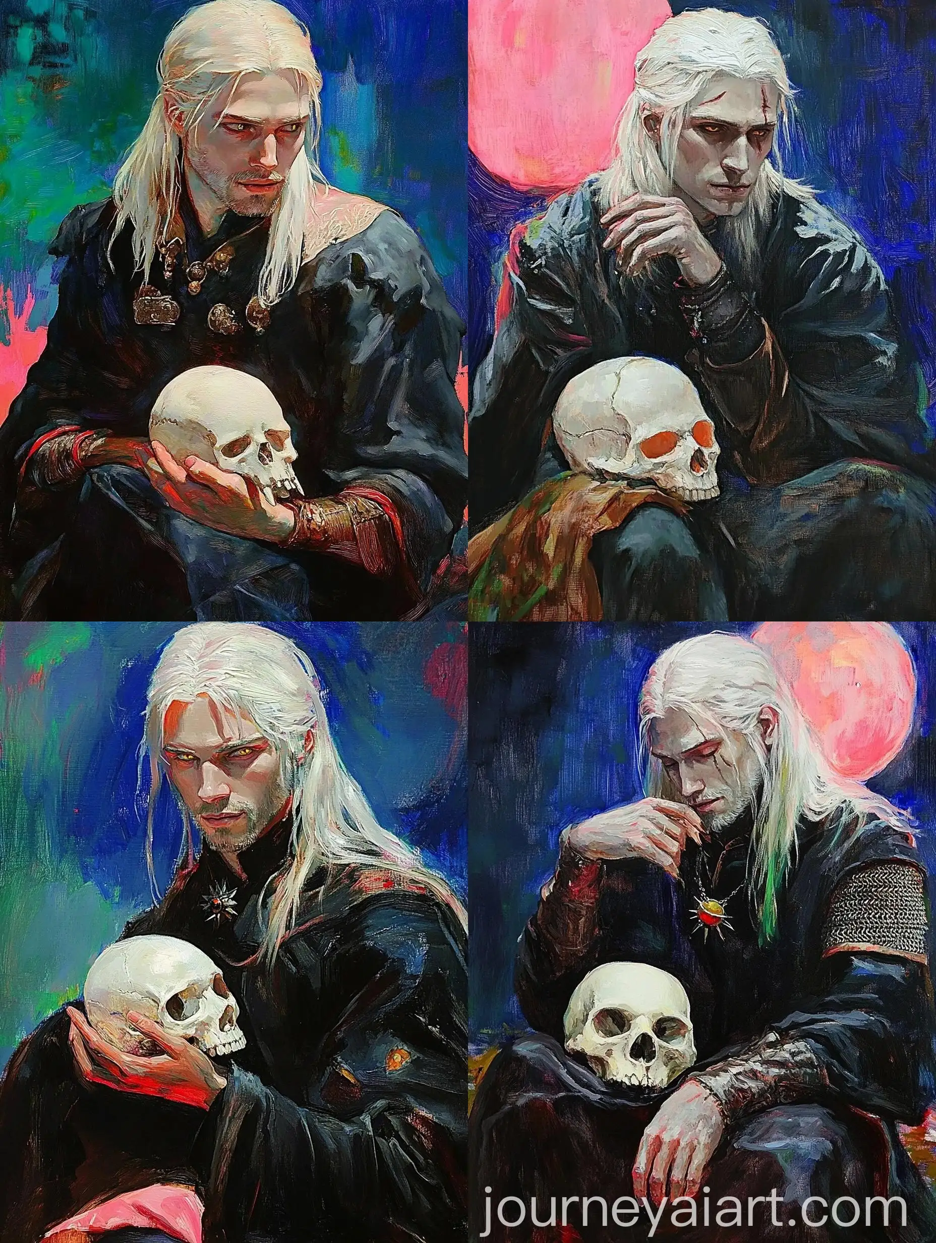 Witcher-Posing-with-Bright-White-Skull-Oil-Painting