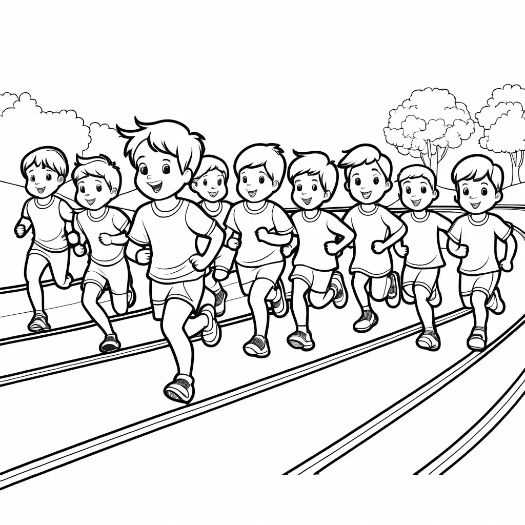 10 children finished fun run on track outline, Coloring Page, black and white, line art, white background, Simplicity, Ample White Space. The background of the coloring page is plain white to make it easy for young children to color within the lines. The outlines of all the subjects are easy to distinguish, making it simple for kids to color without too much difficulty