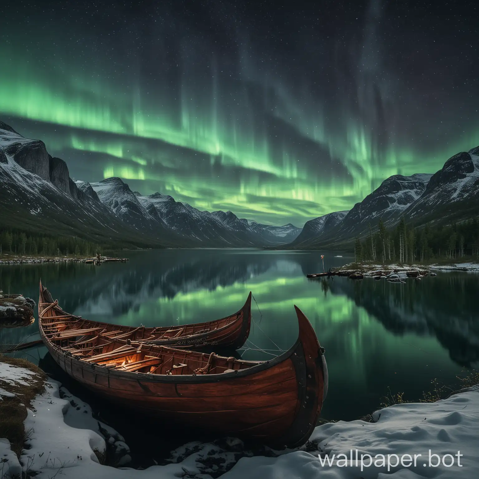 Viking-Boats-on-Beautiful-Lake-with-Northern-Lights-at-Night