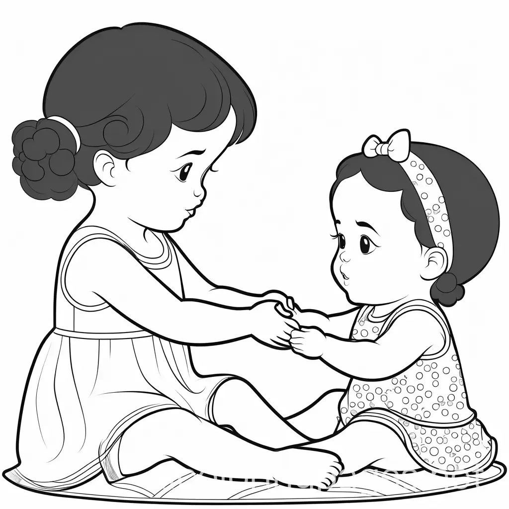 Toddler-Sister-Holding-Baby-Sisters-Hands-in-Black-and-White-Line-Art