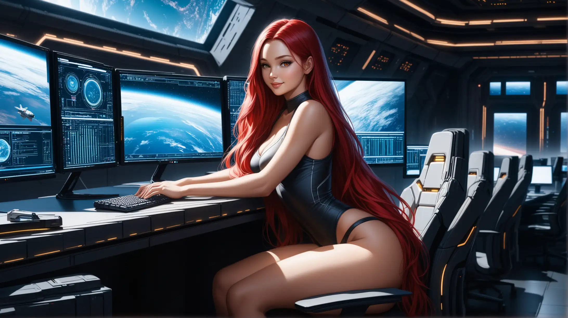 Seductive Woman at Spaceport Window Computer Desk