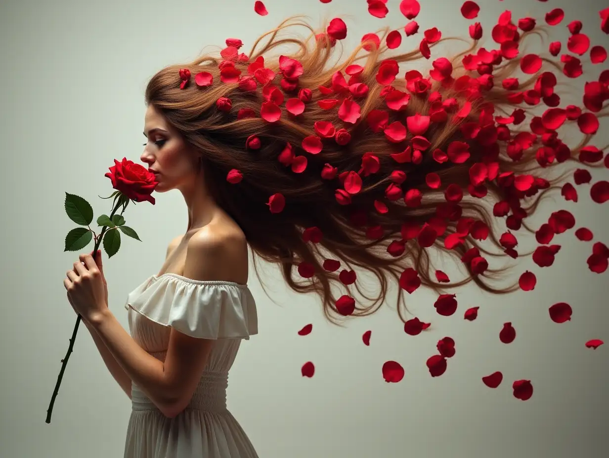 Woman-in-White-Dress-with-Rose-Petals-and-Buds-in-Her-Hair