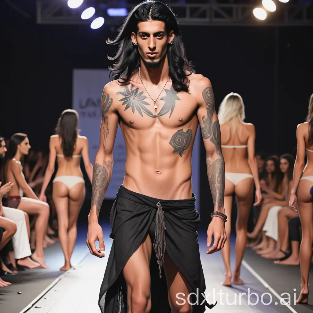 Arabic-Male-Model-with-Long-Hair-and-Tattoos-in-Fashion-Show