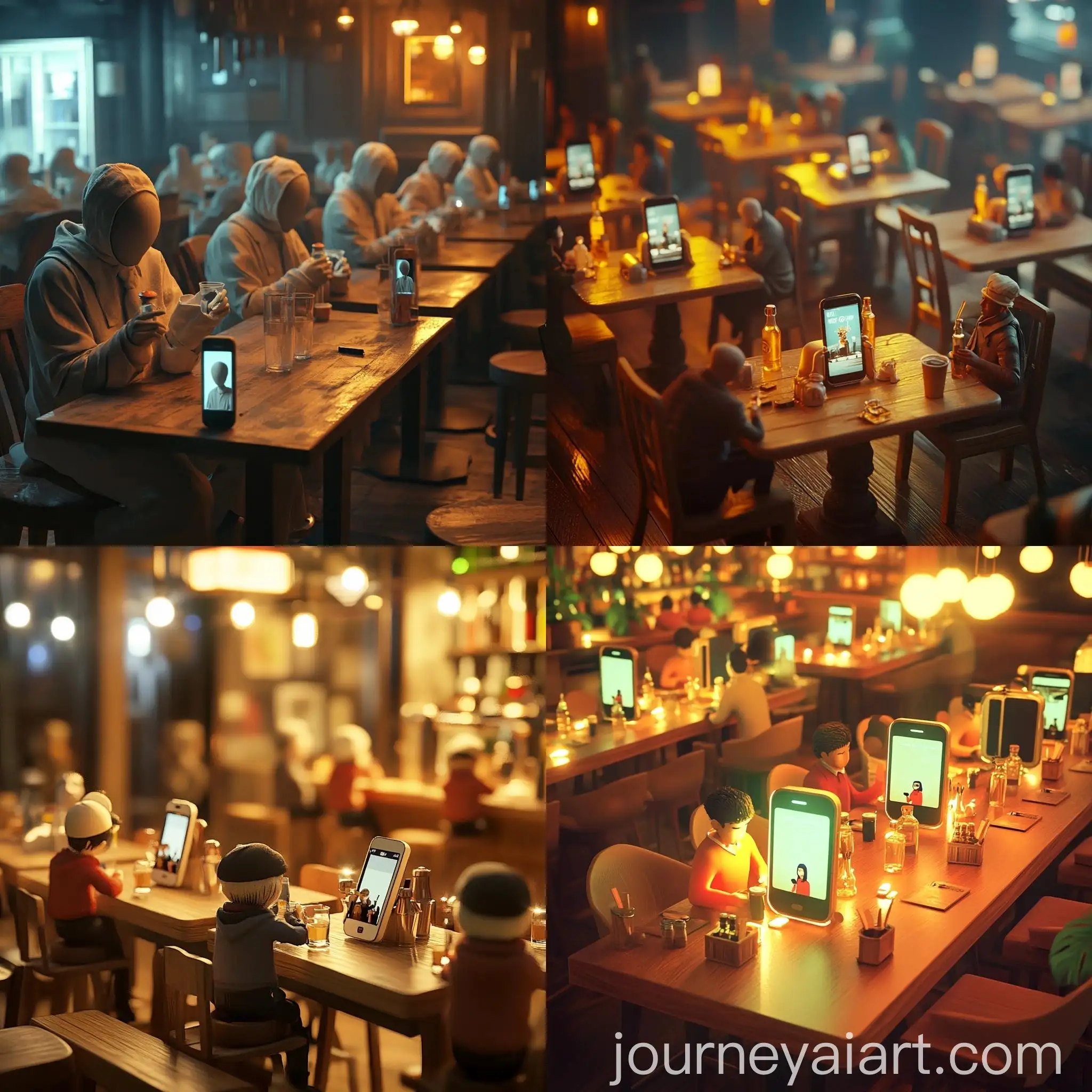 Cozy-Bar-Scene-with-Humanized-Mobile-Phones-and-Miniature-People