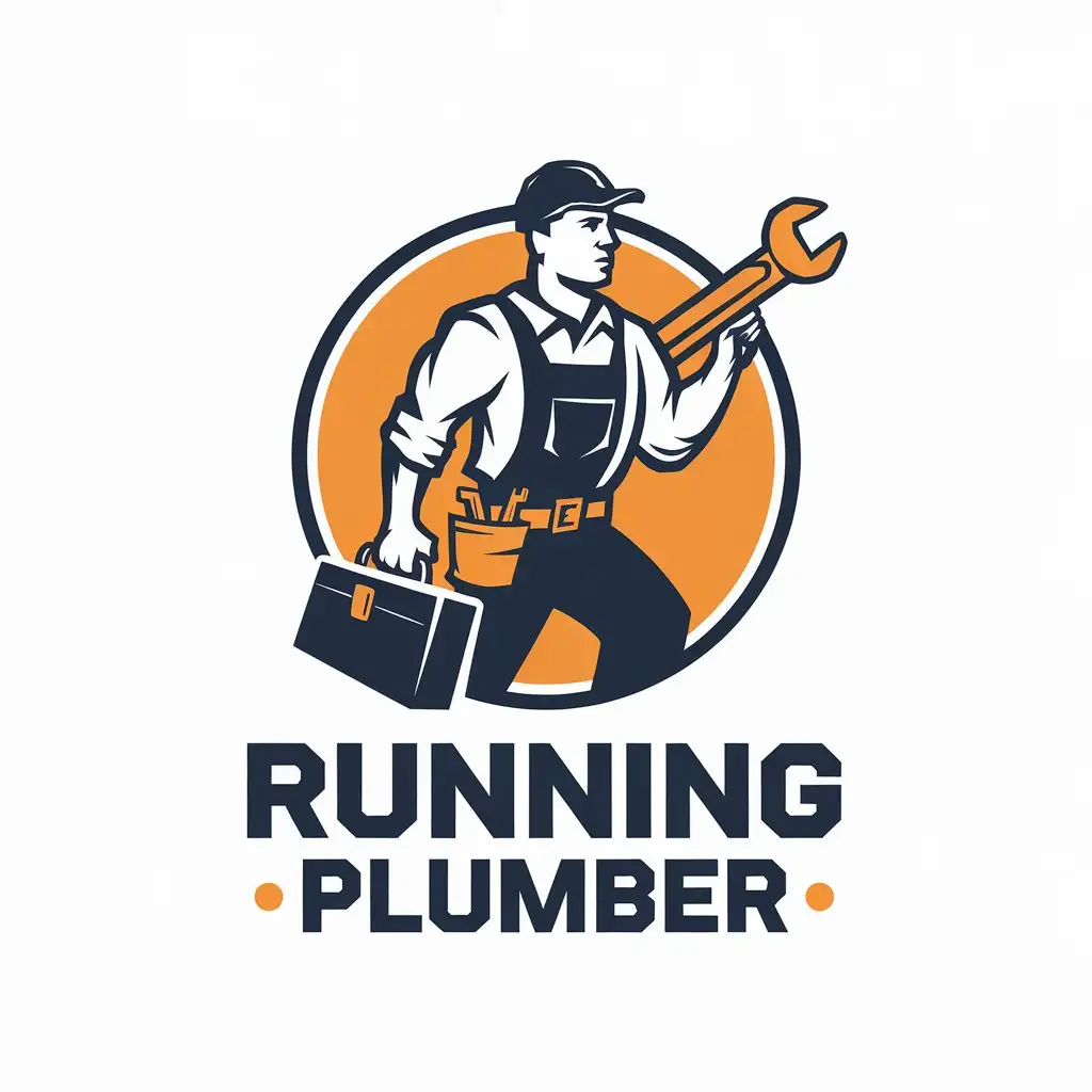 LOGO Design for Running Plumber Vector Style with Man Plumbing Toolbox and Adjustable Wrench Theme