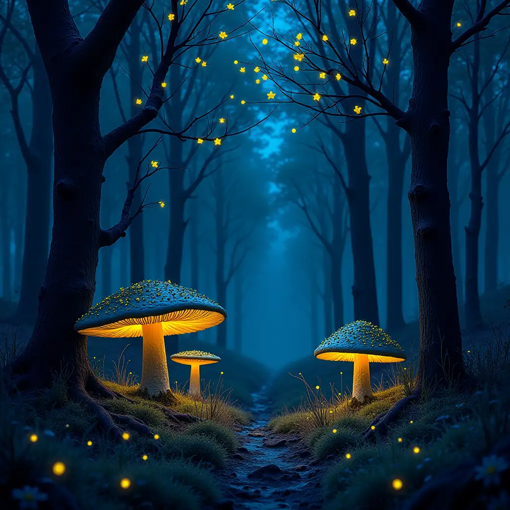 Magical Forest at Night with Neon Trees and Giant Mushrooms