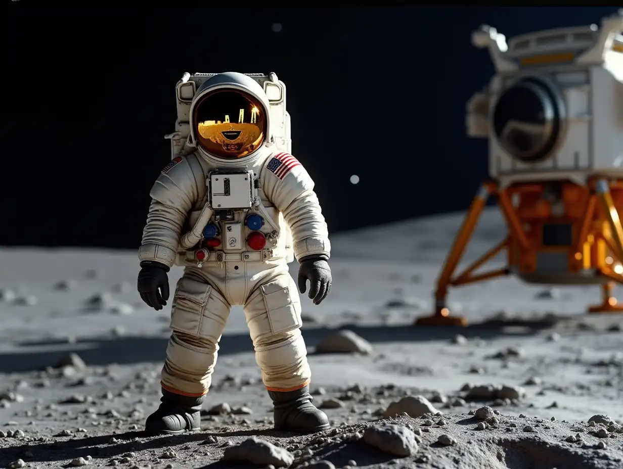 Buzz Aldrin laughs maliciously in his spacesuit on the lunar surface, standing next to the landing module. Photorealistic, high resolution in 8k, professional photography