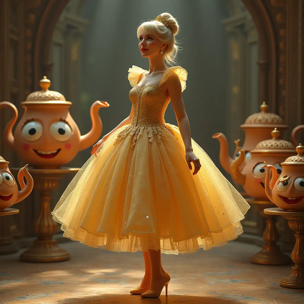 Cinderella in a golden dress with glass shoes in a palace containing teapots with faces (eyes, mouth, nose) and teapot spouts with faces (eyes, mouth, nose)