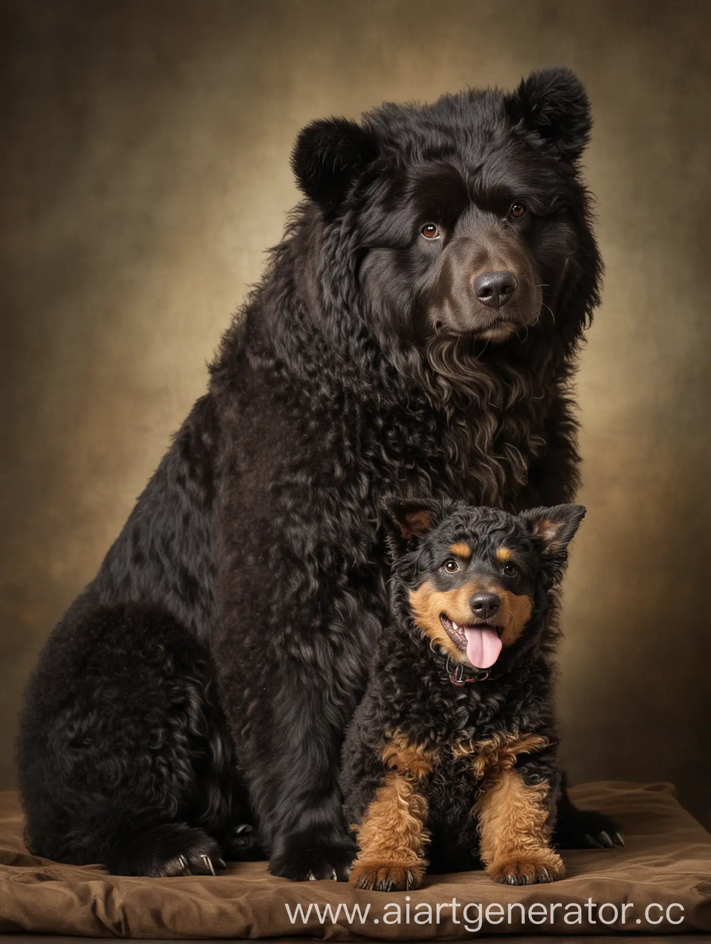 Bear and black curly dog