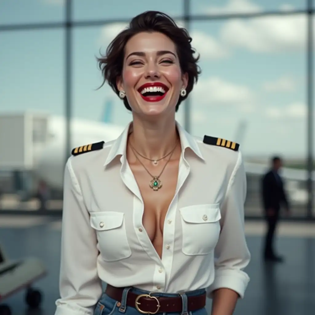 white lady , in white deep-necked pilot button shirt, decolte, laughing with her mouth open, red lipstick accentuating her smile,belt on waist, big wide hips, chest are fully grown, jewerly, short hair, HD, airport, photo-realism