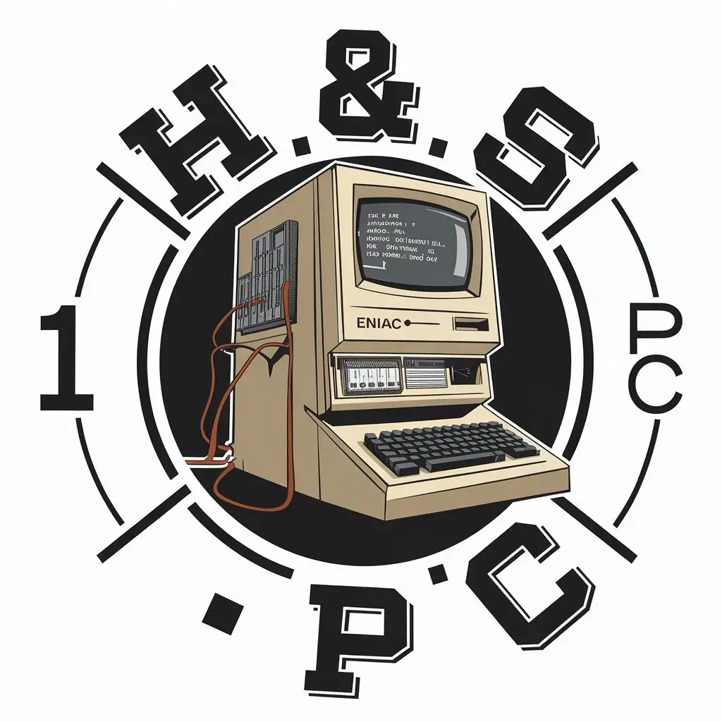 LOGO Design for 1 H S PC Vintage 1920s Scientific Theme with Eniac Computer and Homemade Electronic Instruments