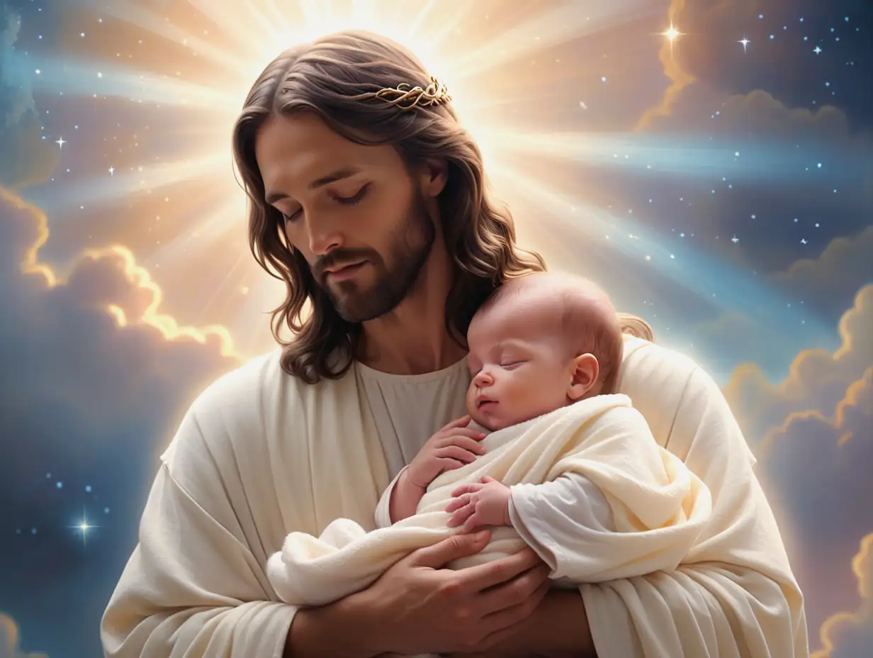 Jesus-Holding-a-Peaceful-Baby-in-a-Heavenly-Scene-with-Soft-Pastels-and-Glowing-Light