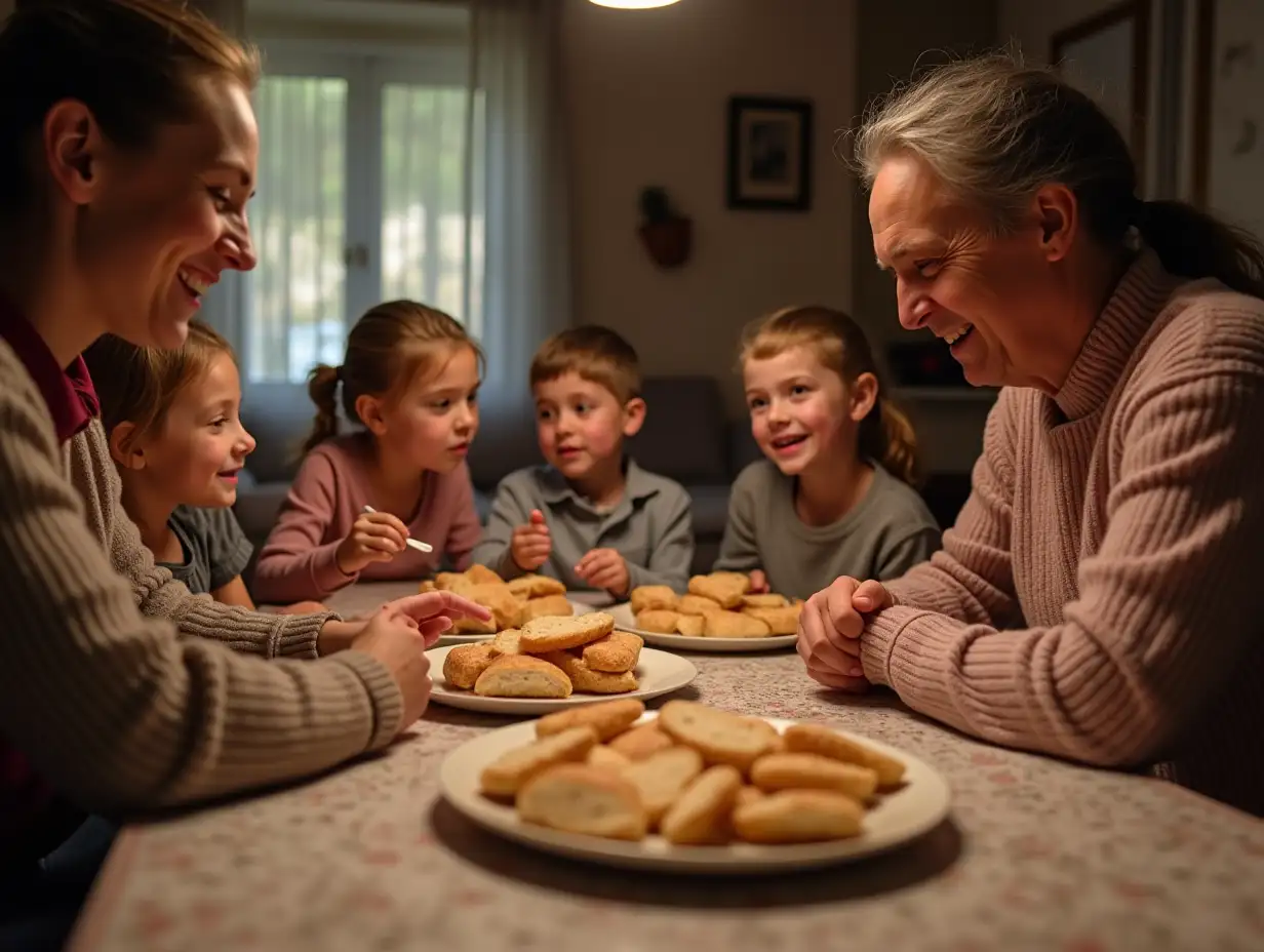 create an Albanian family, with parents, brothers, sisters and children, eating bread at home