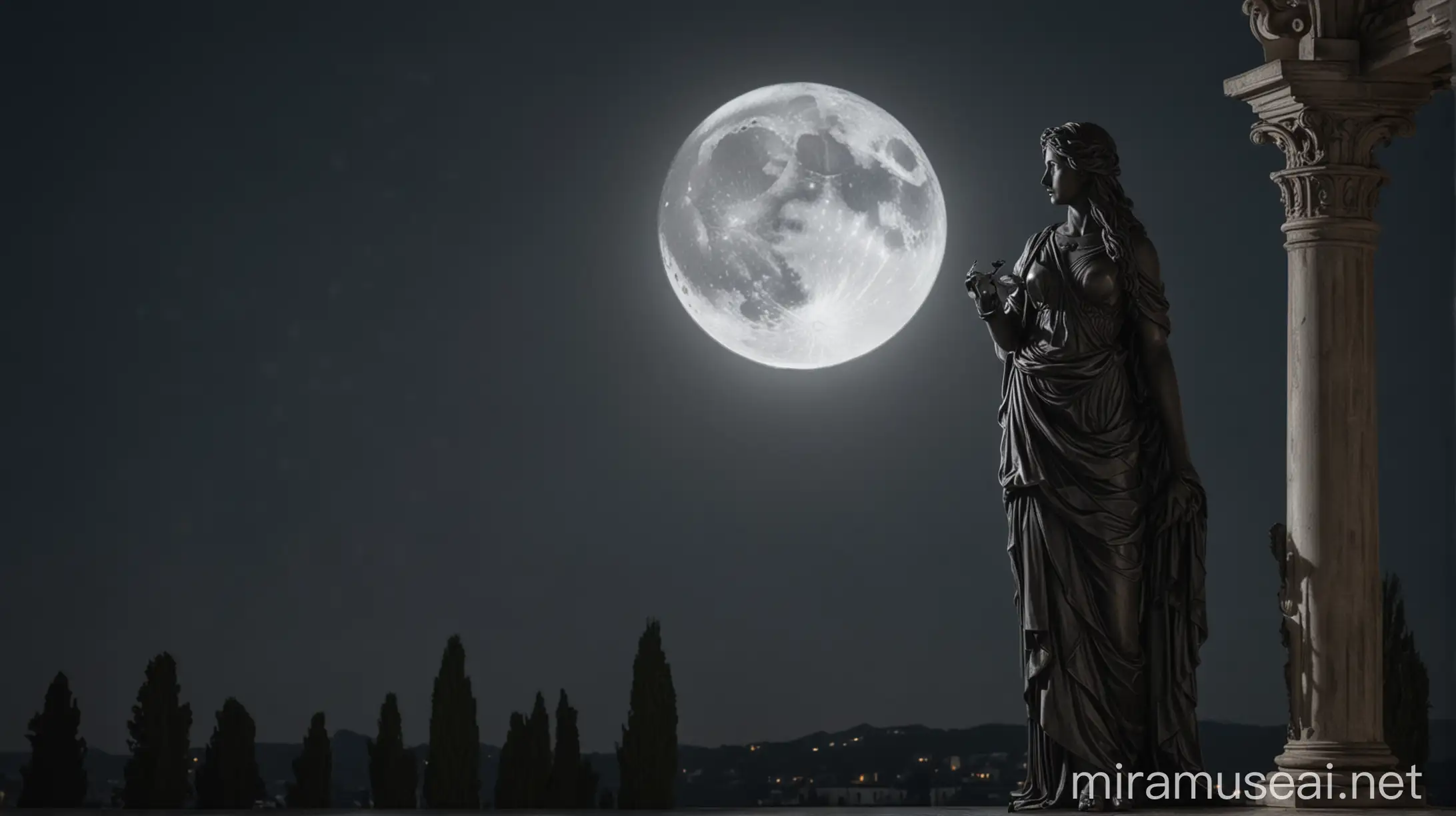 Stoic Statue with Long Dark Hair Under Moonlight at Terrace of Mansion