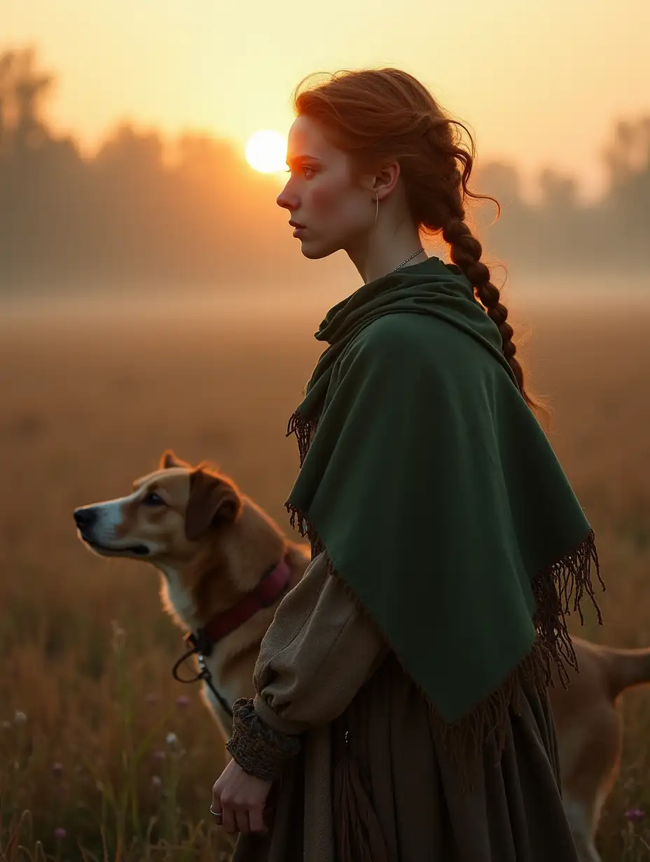 Peasant-Girl-Walking-Through-a-Misty-Field-at-Dawn-with-Her-Dog