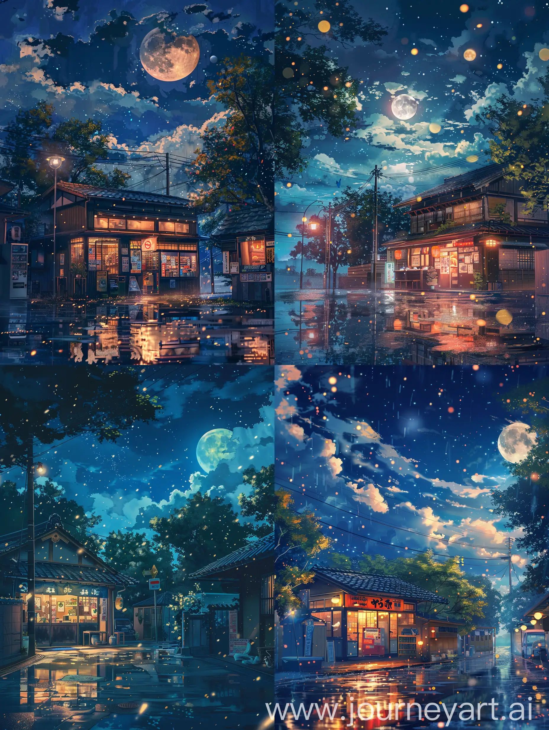 Anime-Small-Shop-in-Japan-Night-Scene-with-Stars-and-Fireflies