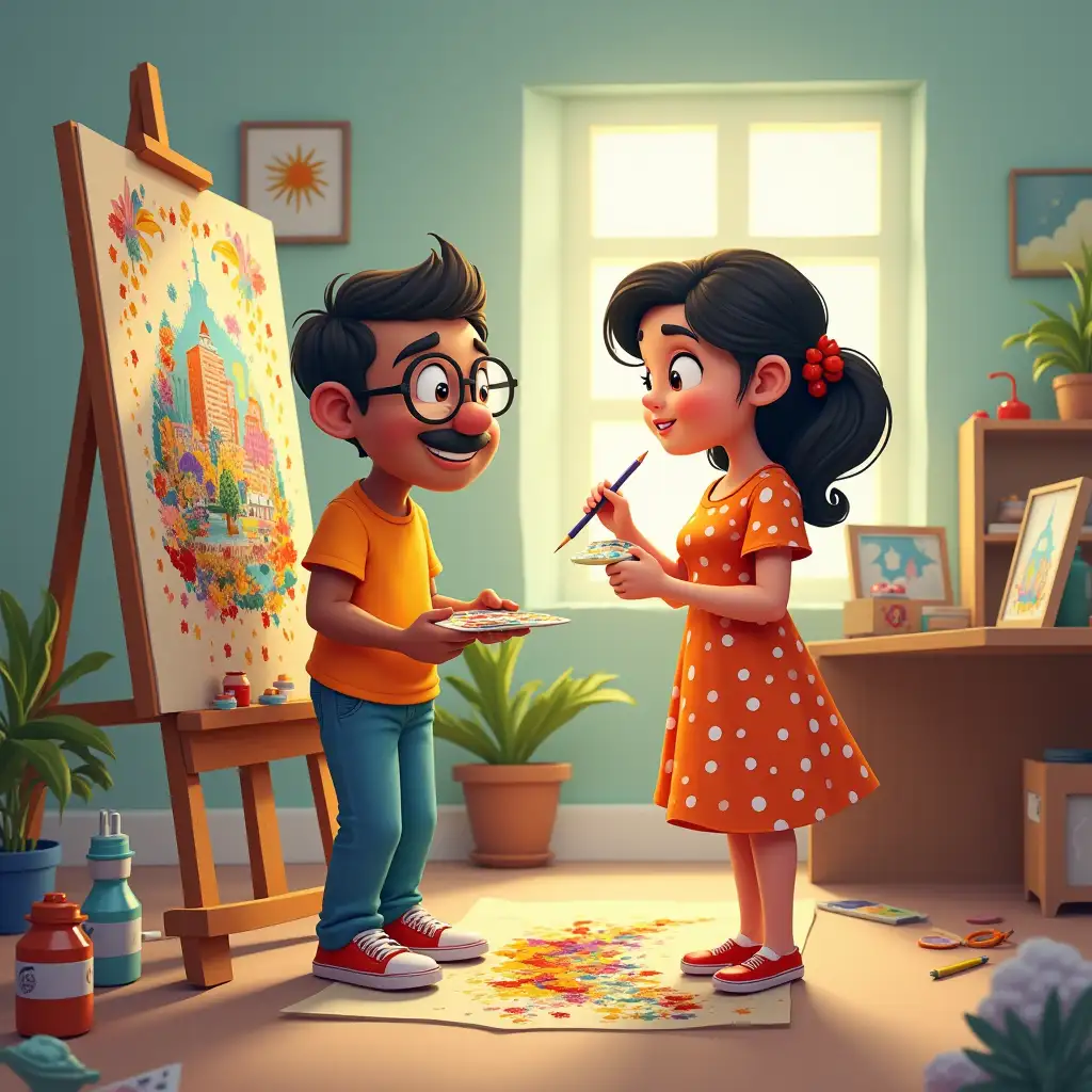 3D cartoon of Mr. Bhola and Miss Smart using premium art supplies to create an elaborate painting.nnMr. Bhola: 'Looking at the budget for premium art supplies, it seems like it's not just a basic art kit, but a dream kit for an artist!'nMiss Smart: 'Yes, for the price of one supply set, you get a complete art studio!'nMr. Bhola: 'It seems art supplies have also become a high-end luxury!'nMiss Smart: 'And the quality also feels like a top-notch artist experience!'