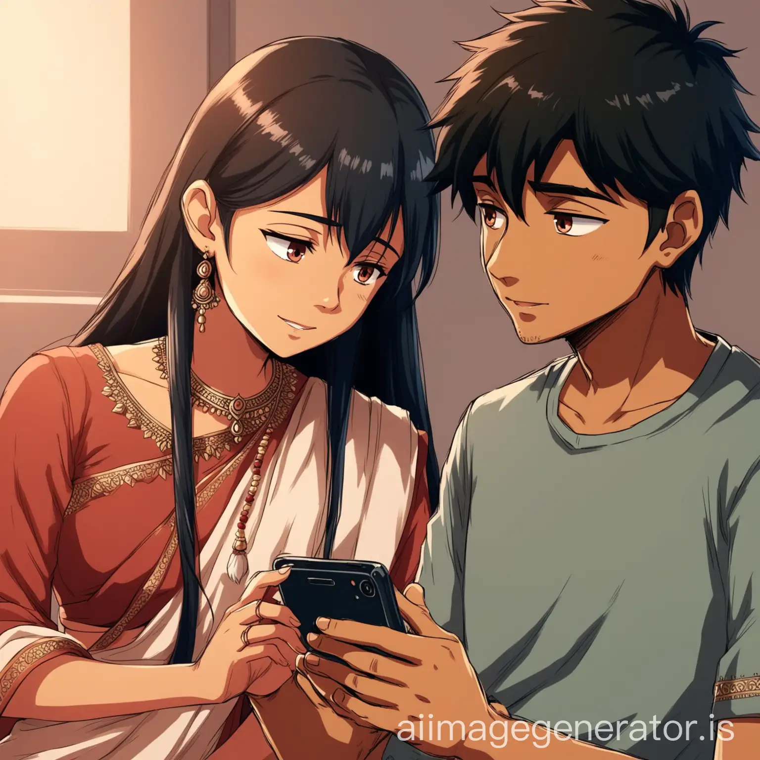 An anime indian boy and girl texting in phone through long distance relationship