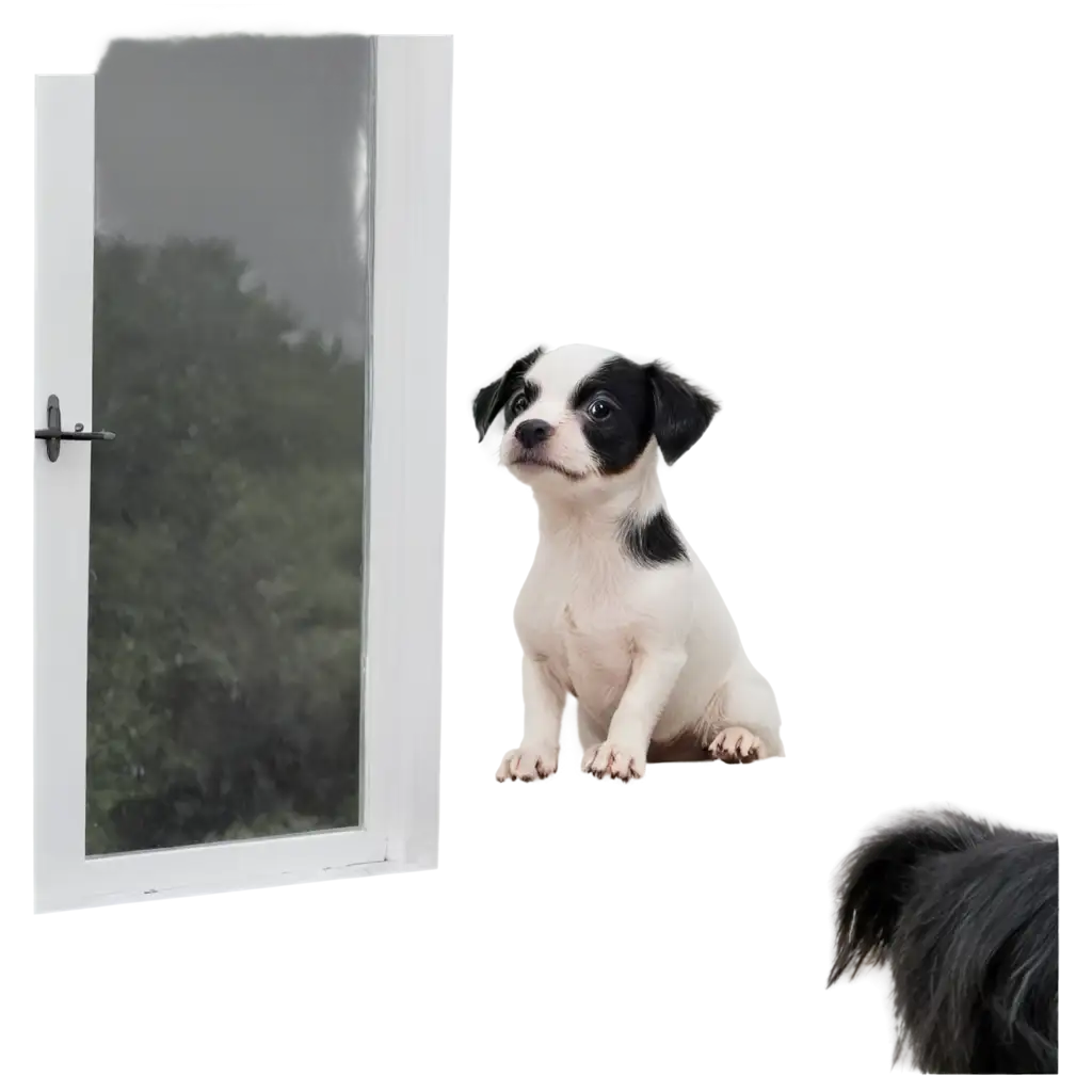 Small white and black dog looking out window